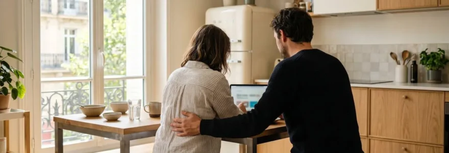 Un couple trentenaire de dos assis à une table de cuisine moderne examine ensemble un document sur une tablette, lumière naturelle provenant d'une grande fenêtre latérale