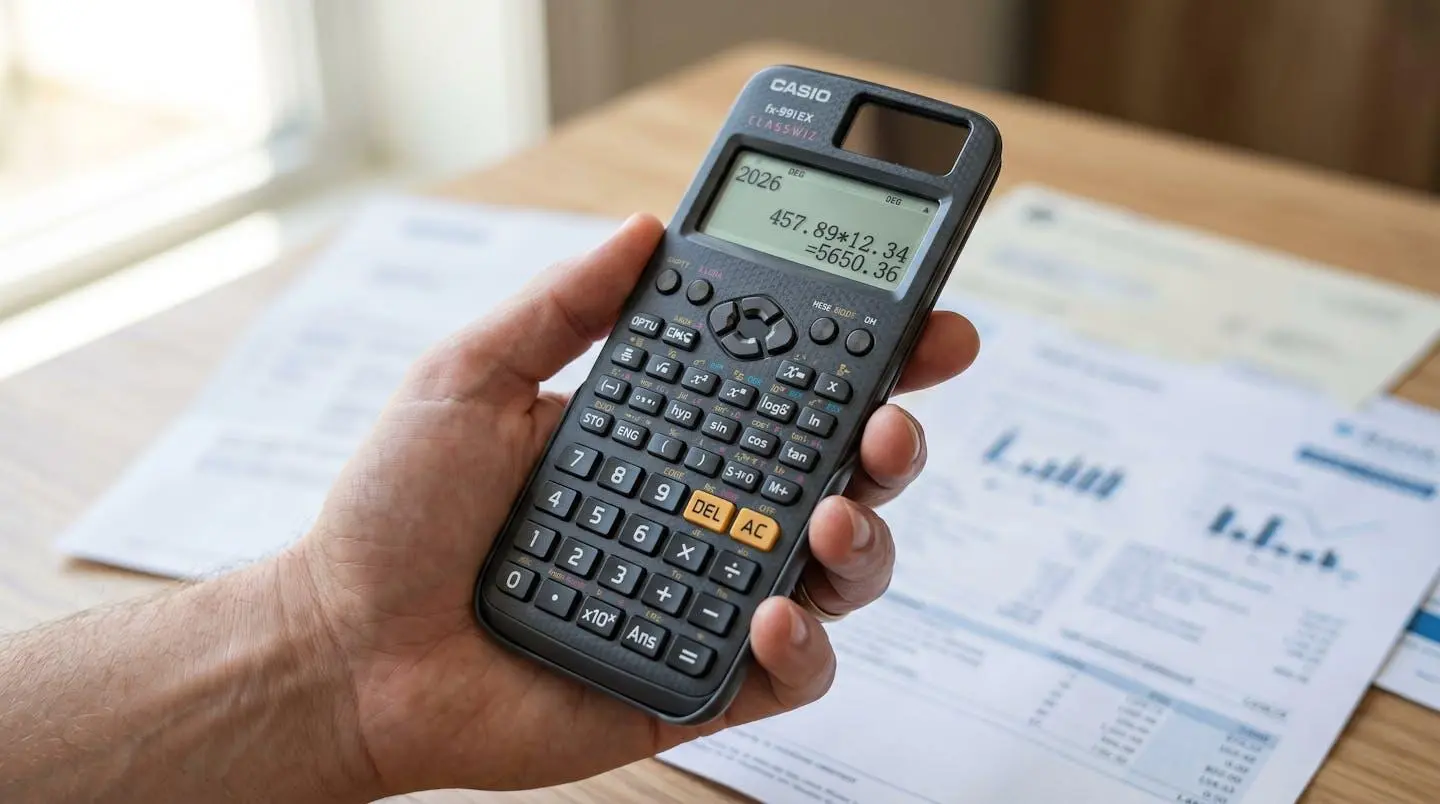 Gros plan sur une main tenant une calculatrice moderne posée sur des documents bancaires flous en arrière-plan, éclairage naturel latéral créant des ombres douces